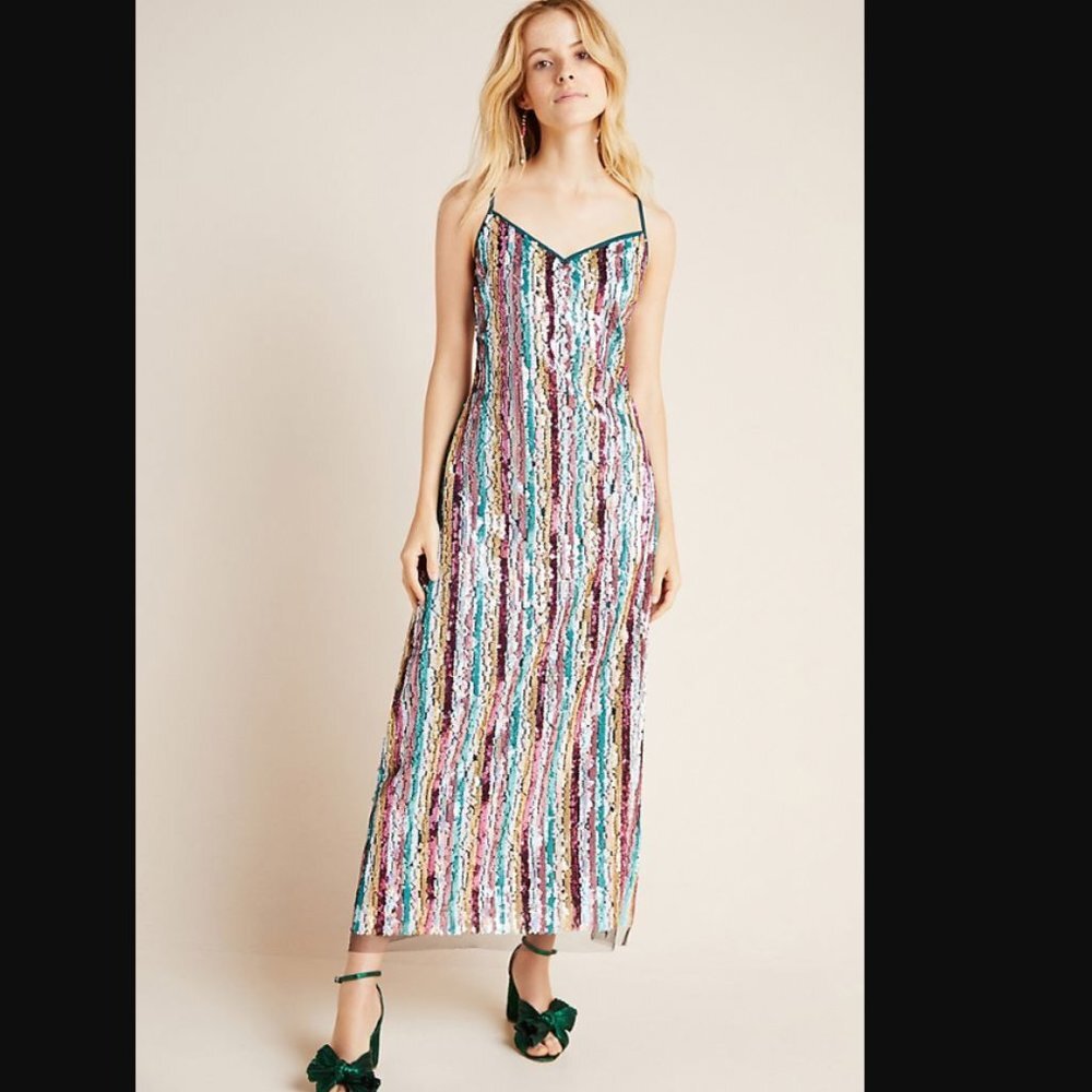 Eva Franco Anthropologie Sequined Maxi Slip multi stripe Dress sequin nwt